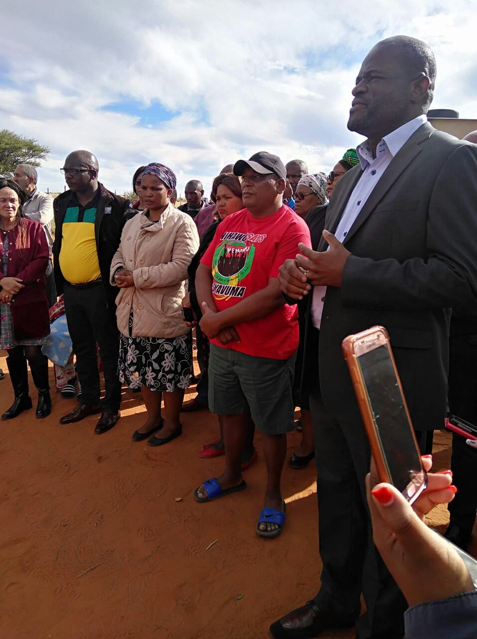 ANC Northern Cape chairperson Dr Zamani Saul and Sol Plaatje Mayor Mangaliso Matika meeting the bereaved family of Reverend Mario Mahongo on Sunday.